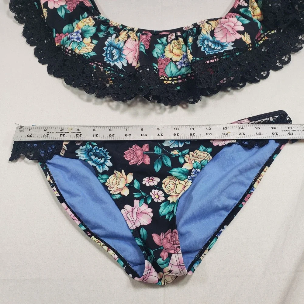 Time and Tru Womens Floral Lace Ruffle‎ Bikini Set L 12-14 Multi Color